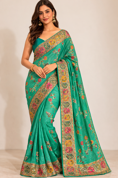 Teal Green Hand-Embellished Saree
