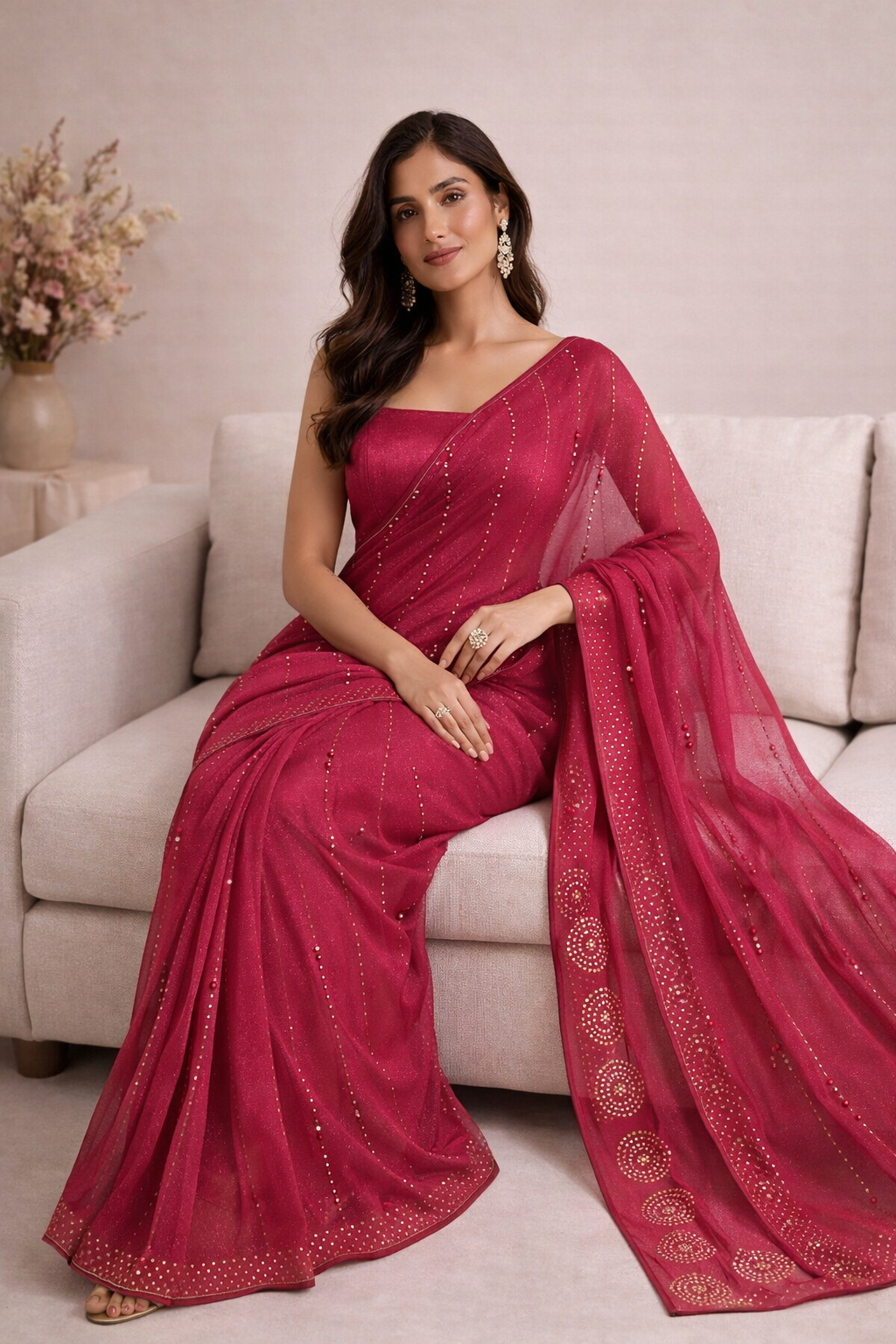 Ruby Red Embellished Saree