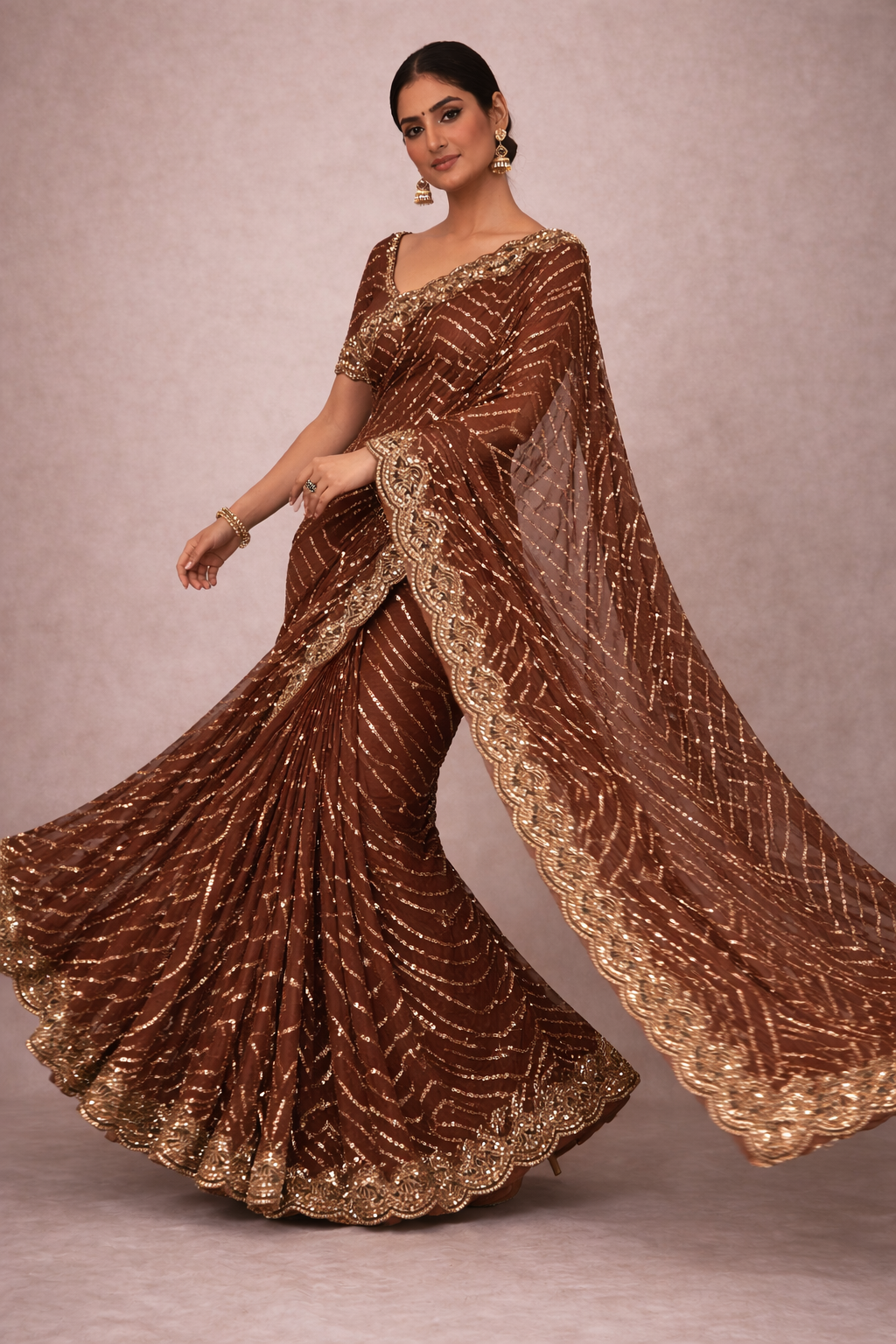 Chocolate Brown Sequin Designer Net Saree