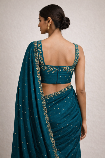 Teal Blue Hand-Embellished Saree Set