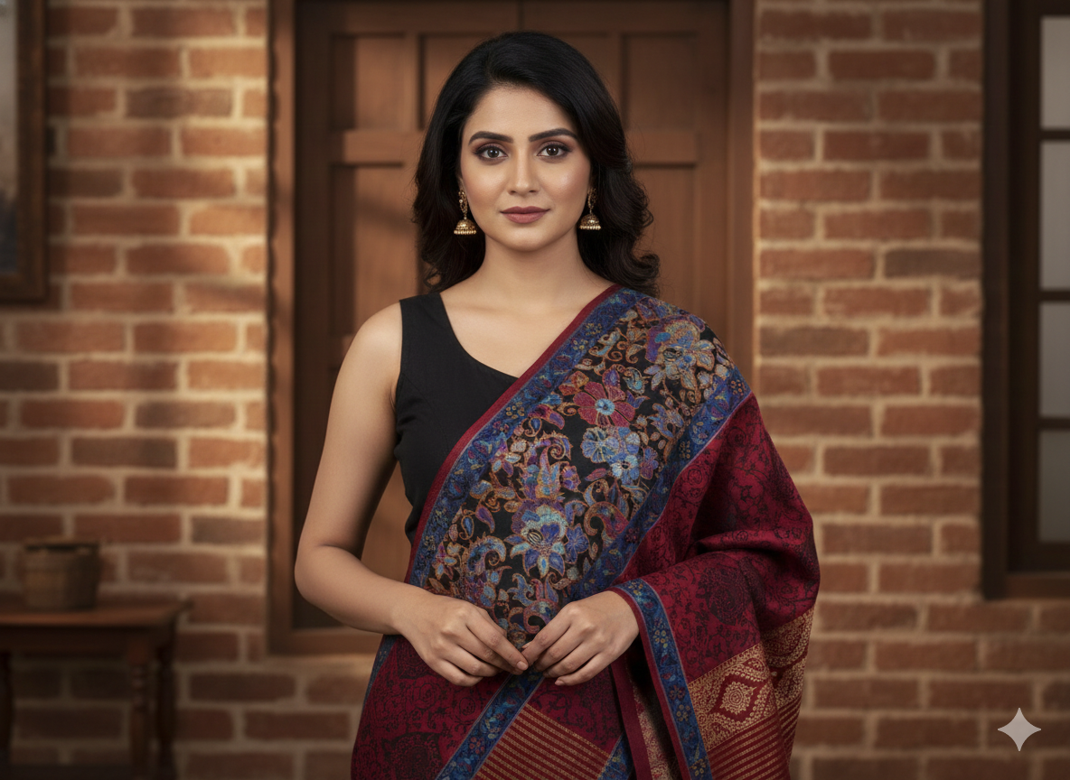 Maroon &amp; Midnight Blue Kashmiri-Style Woolen Shawl with Floral Weave
