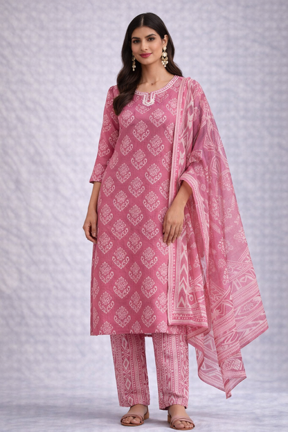 Pink Handblock Print Suit Set with Dupatta