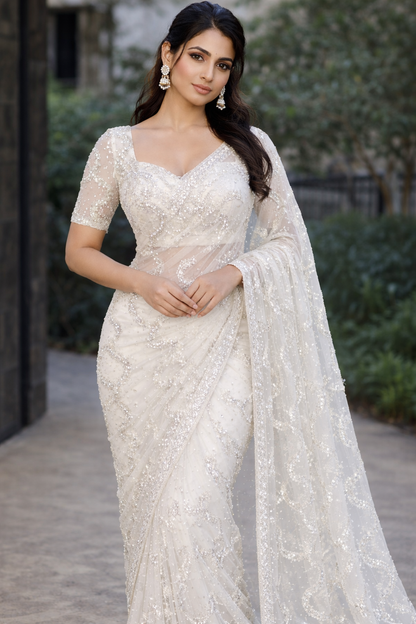 Ivory Sequin Wave Saree