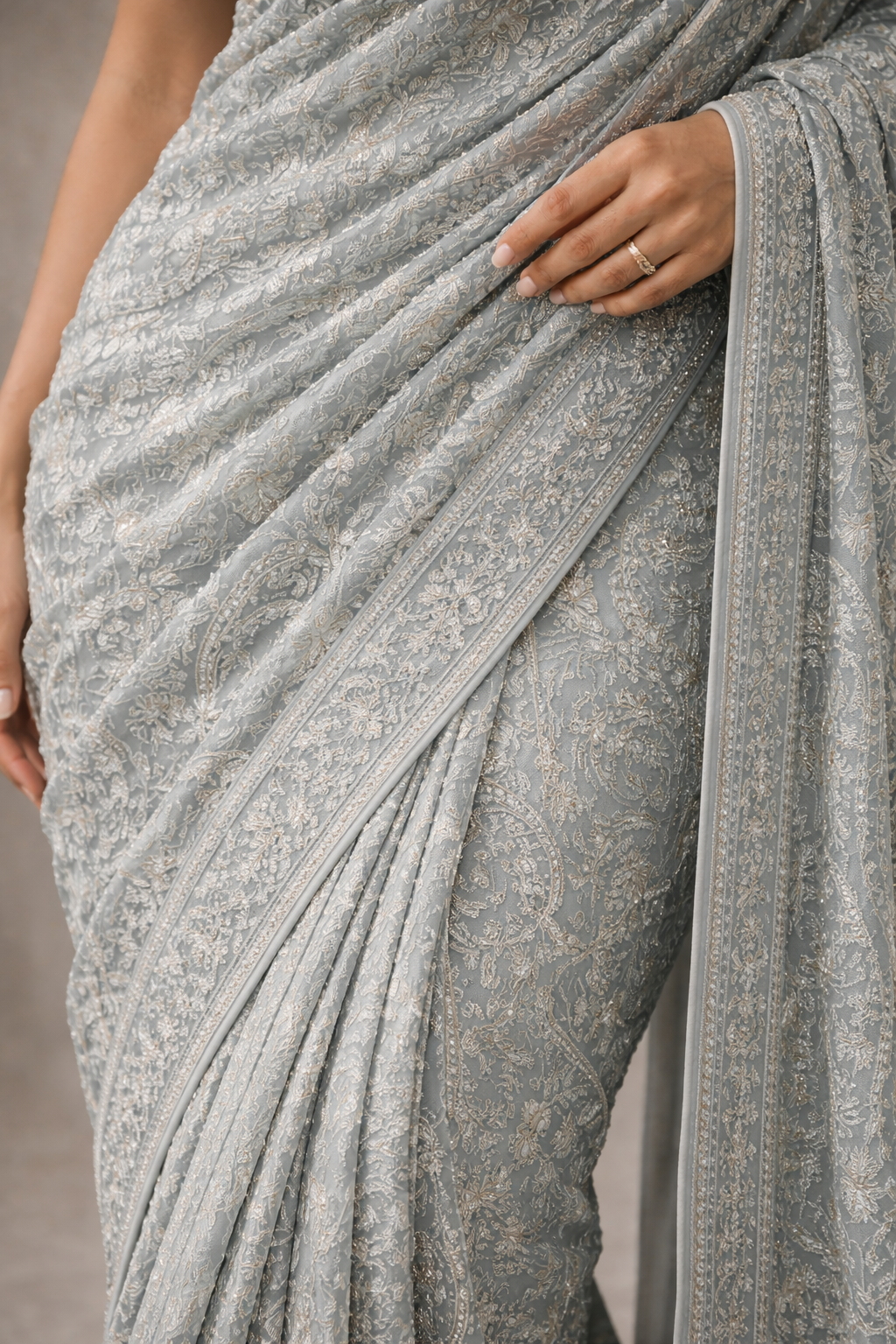 Powder Blue Hand-Embroidered Saree