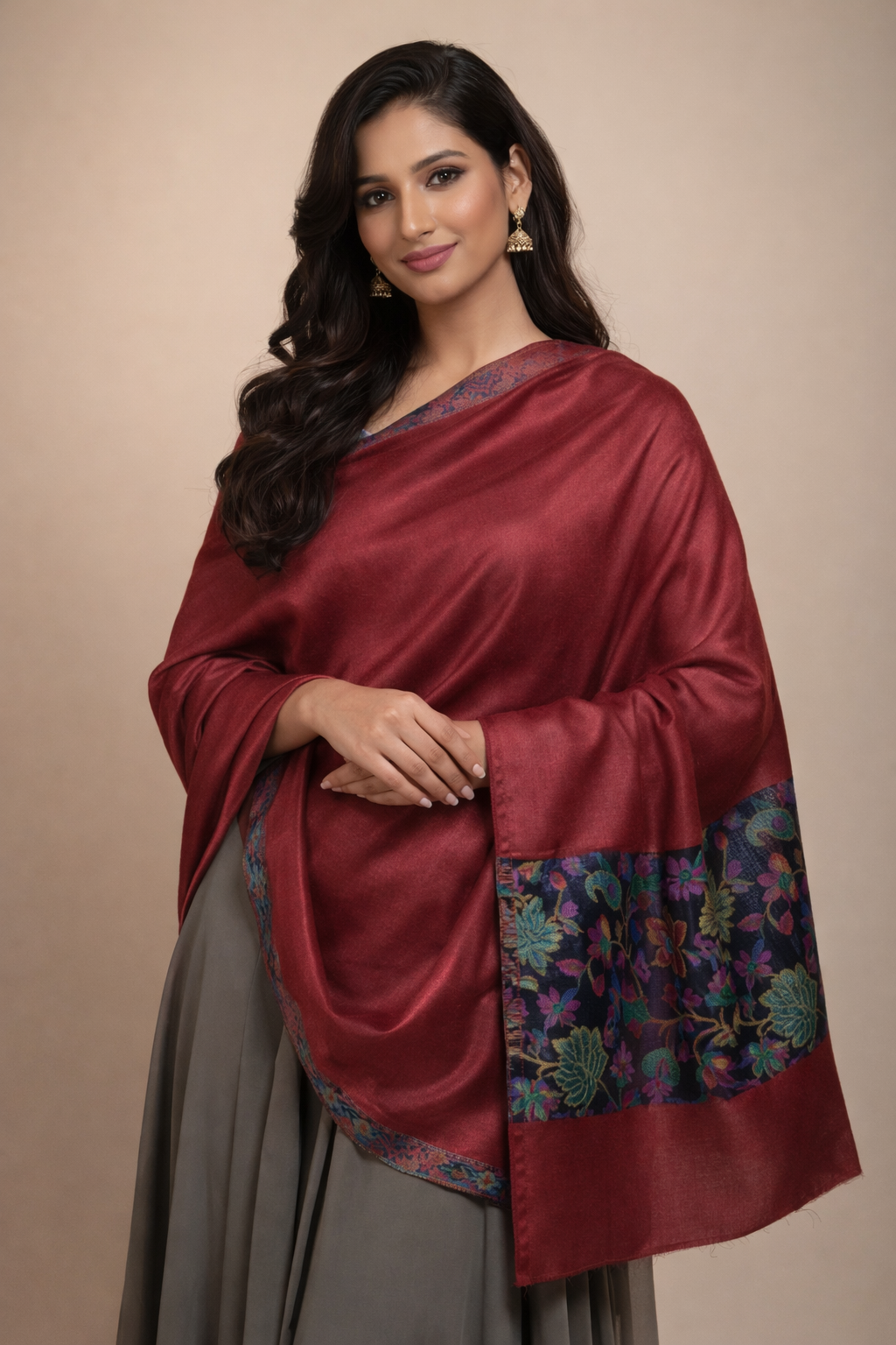 Wine Red Kashmiri-Style Shawl with Multicolour Floral Border