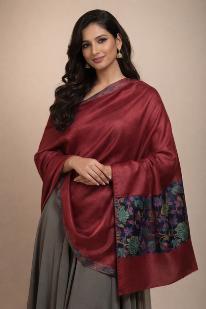 Wine Red Kashmiri-Style Shawl with Multicolour Floral Border