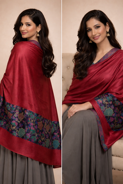 Wine Red Kashmiri-Style Shawl with Multicolour Floral Border