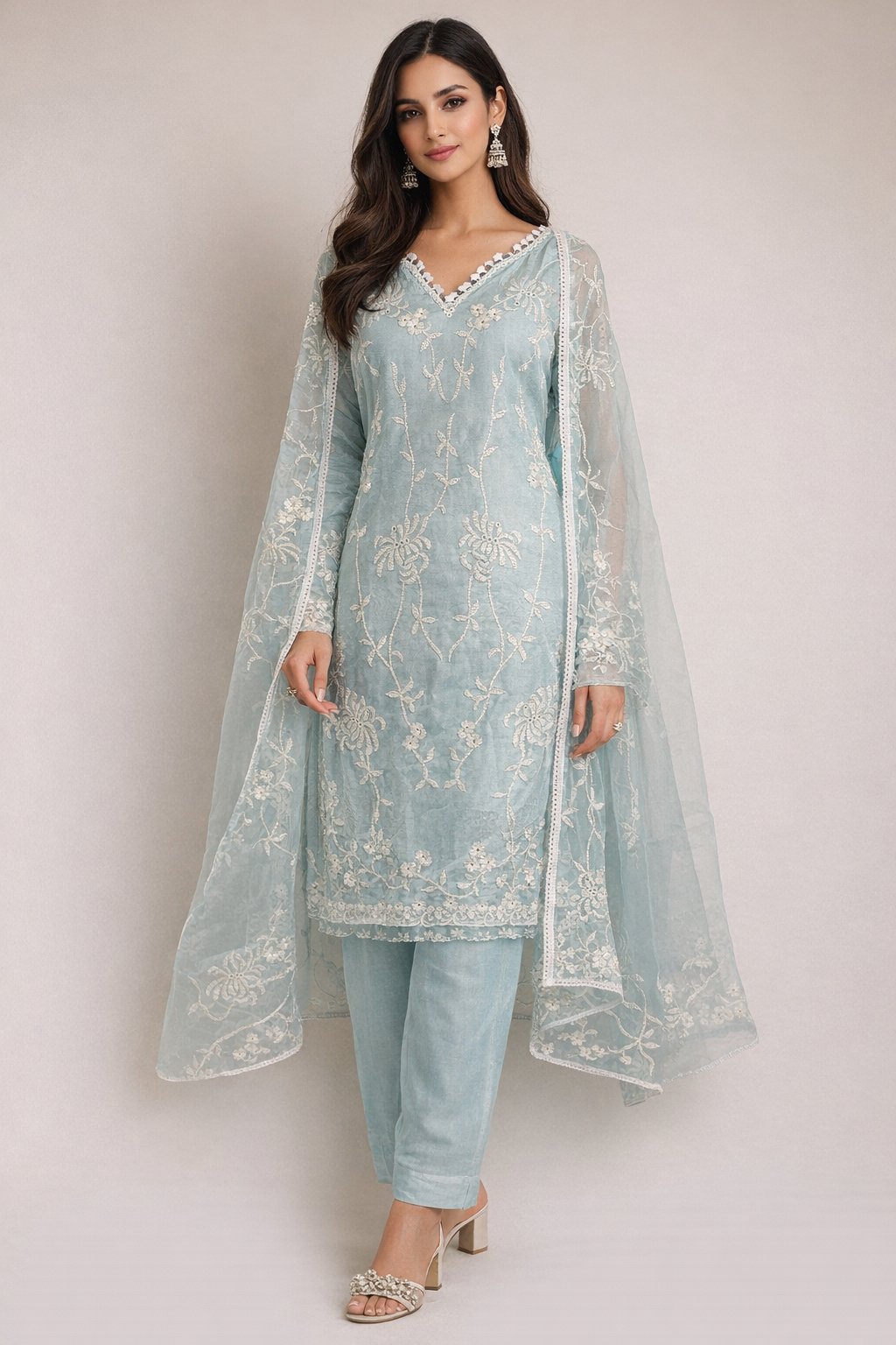 Powder Blue Embroidered Kurta Set with Sheer Dupatta