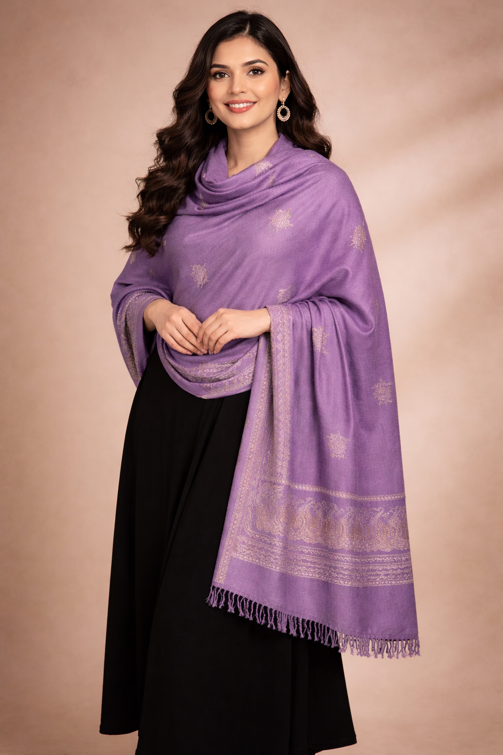 Lavender Kashmiri-Style Woolen Shawl with Gold Woven Motifs