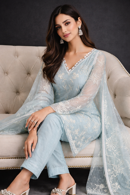 Powder Blue Embroidered Kurta Set with Sheer Dupatta