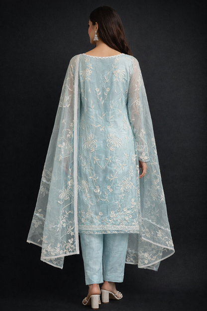 Powder Blue Embroidered Kurta Set with Sheer Dupatta