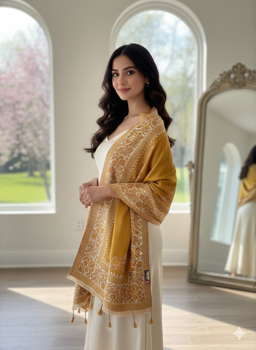 Mustard Kashmiri-Style Woolen Shawl with Intricate Woven Border