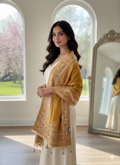 Mustard Kashmiri-Style Woolen Shawl with Intricate Woven Border