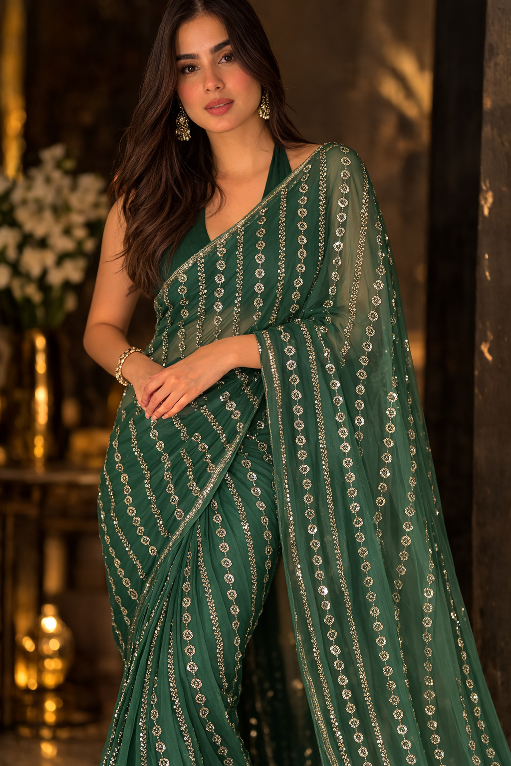 Emerald Sequin Net Saree