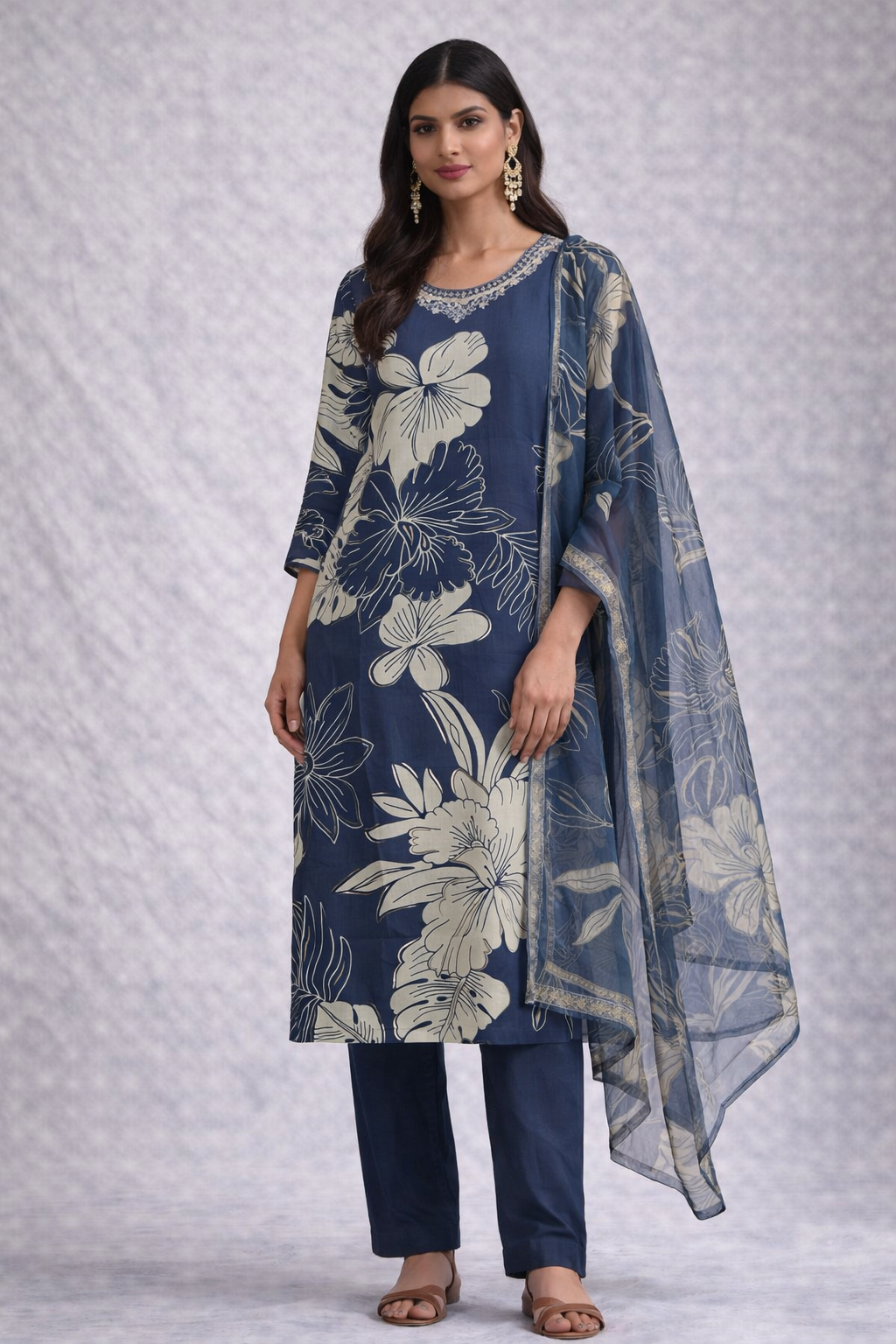 Dark Blue Floral Print Suit Set with Dupatta