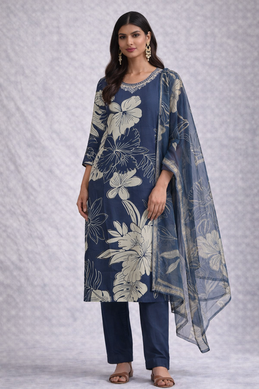 Dark Blue Floral Print Suit Set with Dupatta