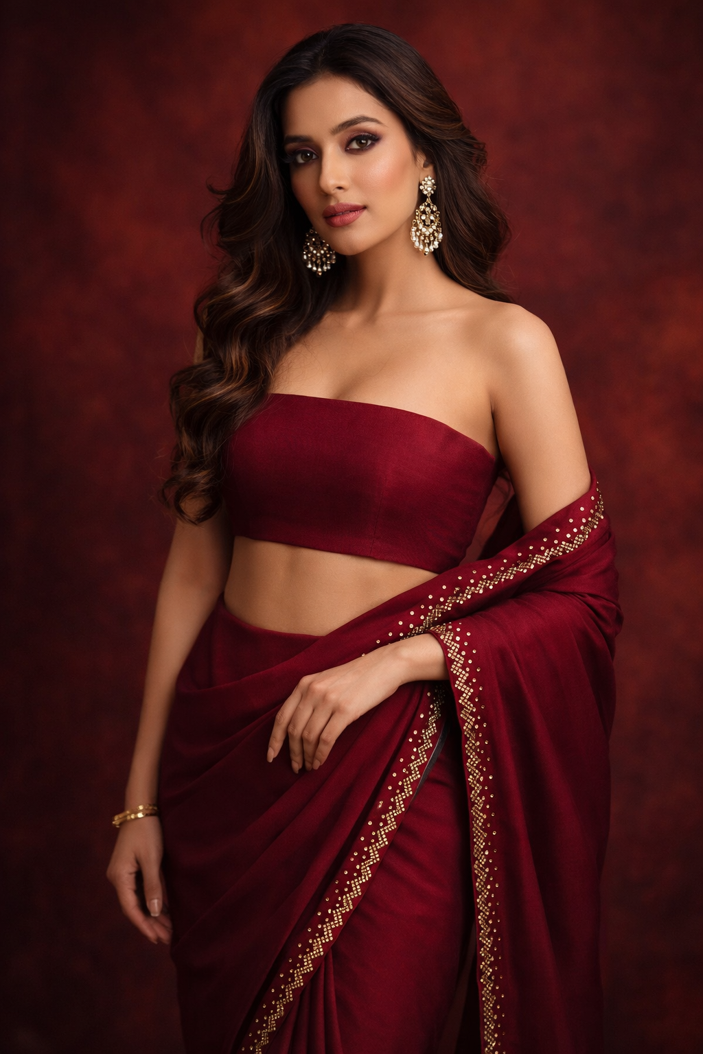 Wine Red Satin Saree with Gold Embellished Border