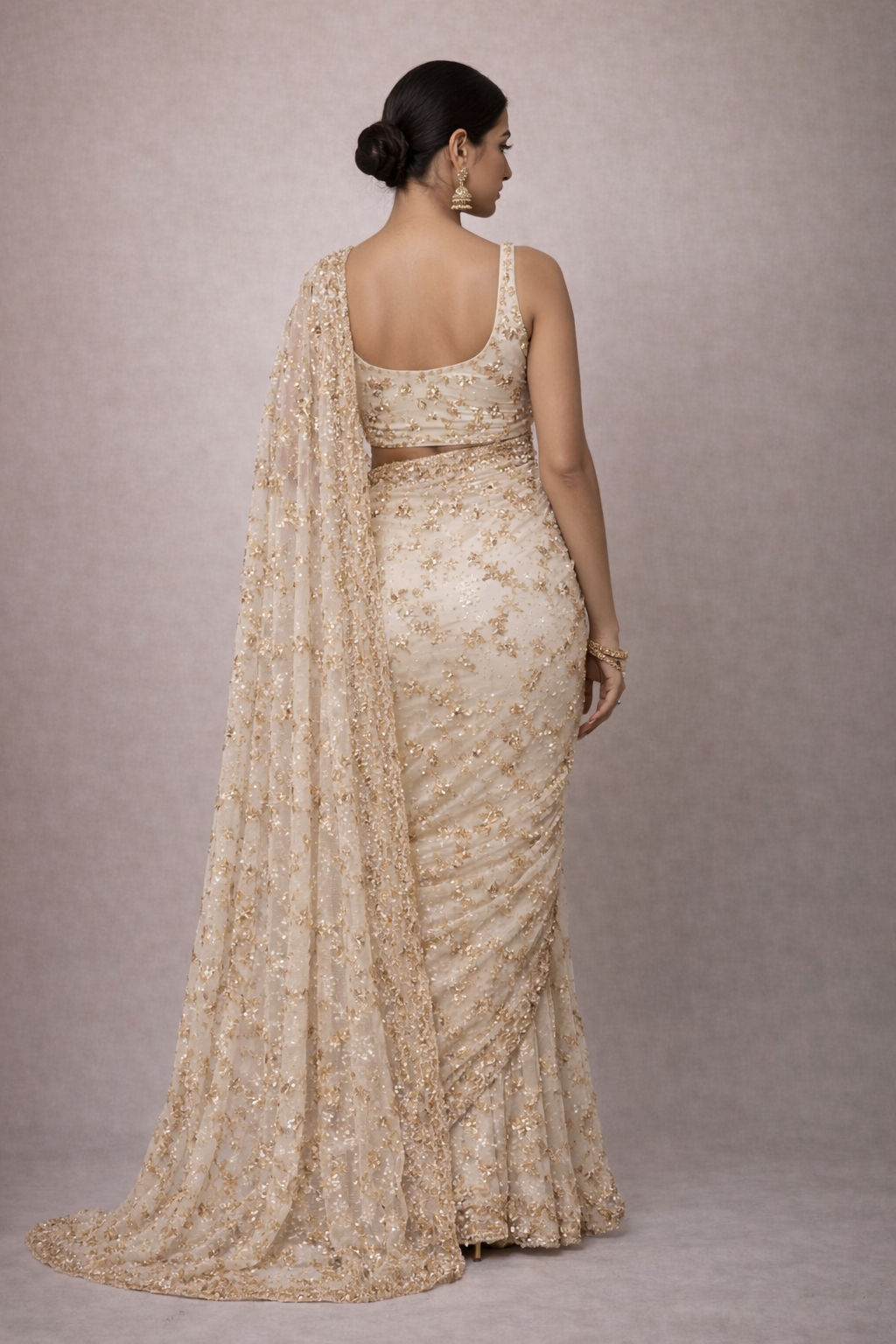 Ivory Gold Sequin Saree