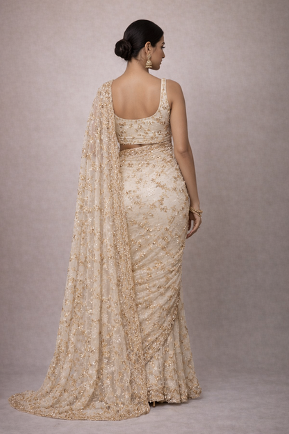 Ivory Gold Sequin Saree