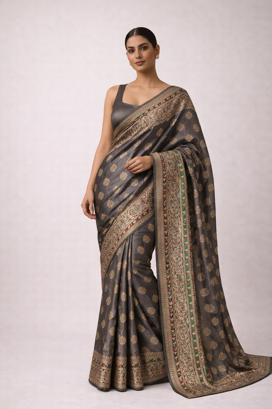 Steel Grey Traditional Zari Saree