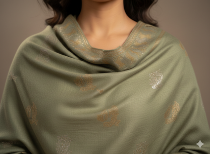 Sage Green Kashmiri-Style Woolen Shawl with Gold Woven Motifs