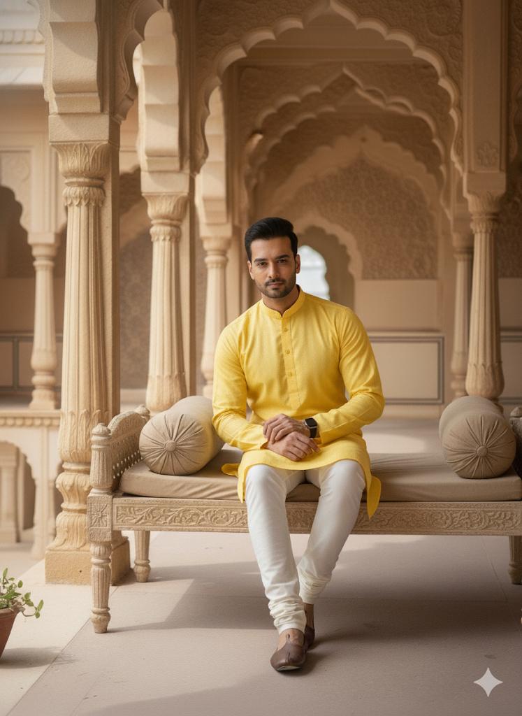 "Golden Aura" Textured Yellow Kurta with White Churidar Set