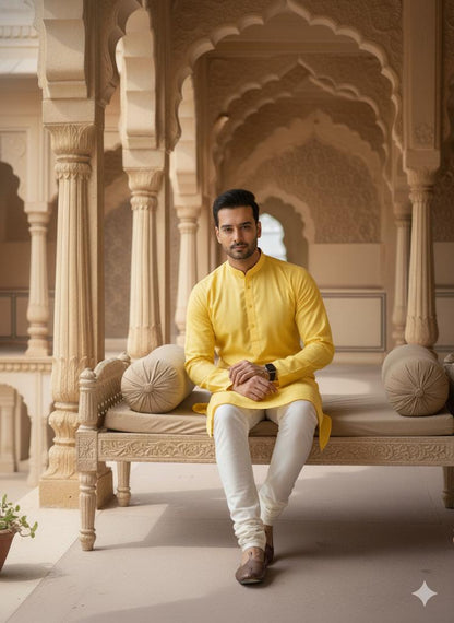 "Golden Aura" Textured Yellow Kurta with White Churidar Set