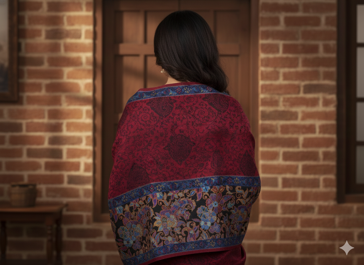 Maroon &amp; Midnight Blue Kashmiri-Style Woolen Shawl with Floral Weave