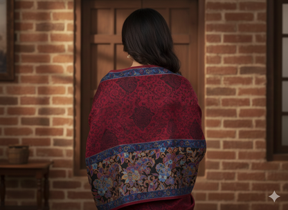 Maroon &amp; Midnight Blue Kashmiri-Style Woolen Shawl with Floral Weave
