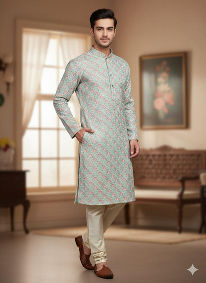 Men's Mint Green Floral Print Kurta Set with Cream Churidar