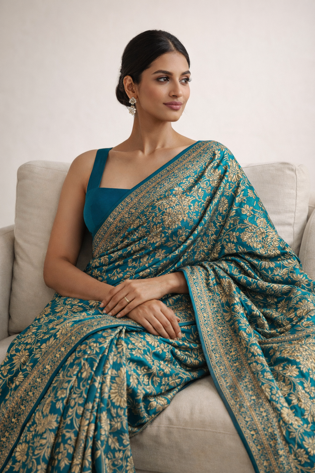 Teal Blue Floral Brocade Saree