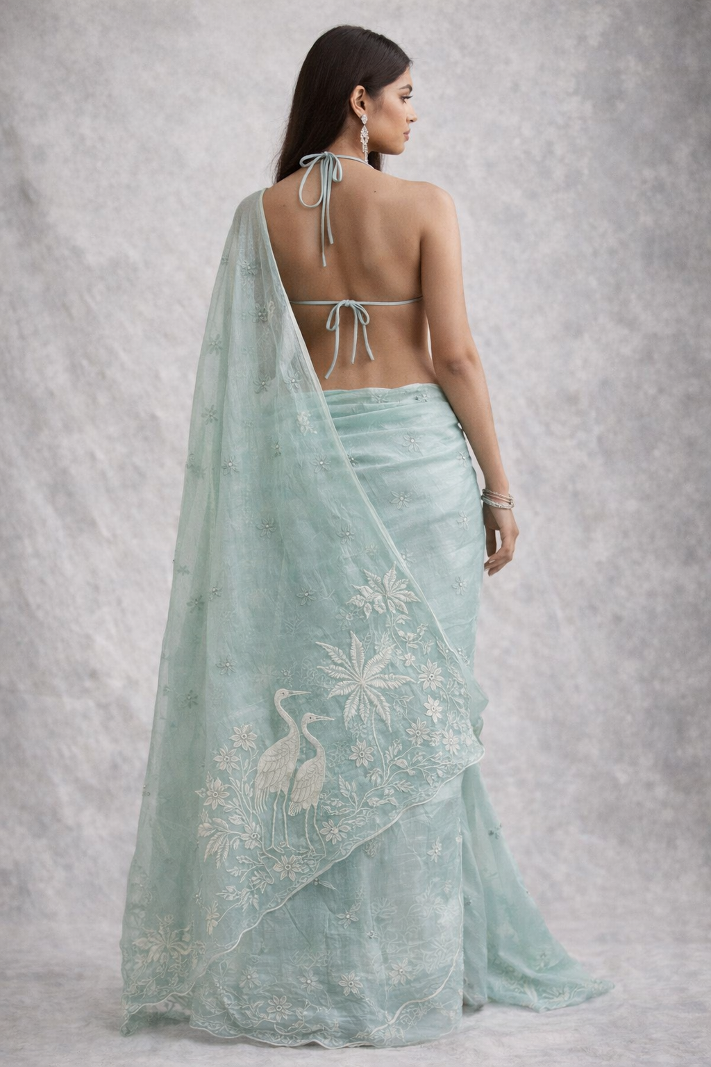 Baby Blue Embroidered Organza Saree