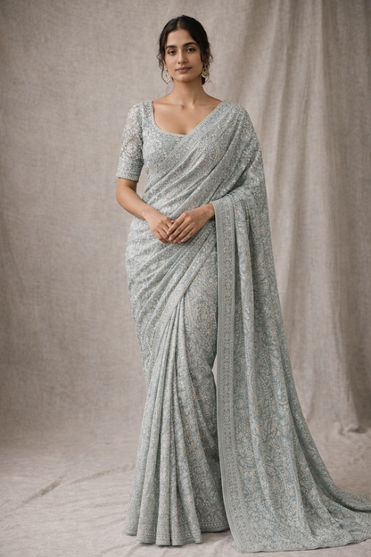 Powder Blue Hand-Embroidered Saree