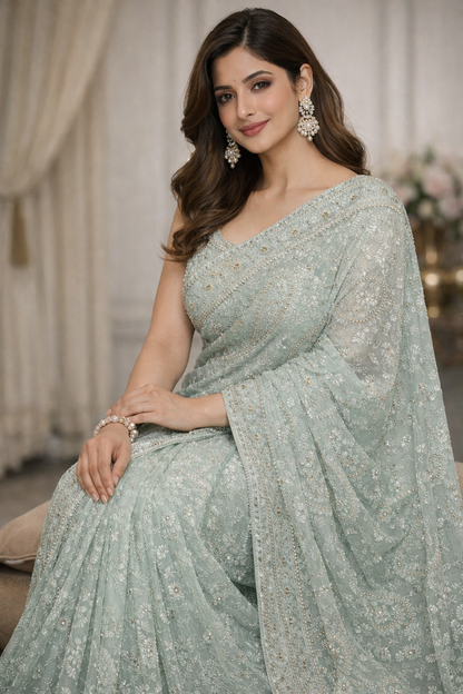 Mint Pearl Embroidered Net Saree