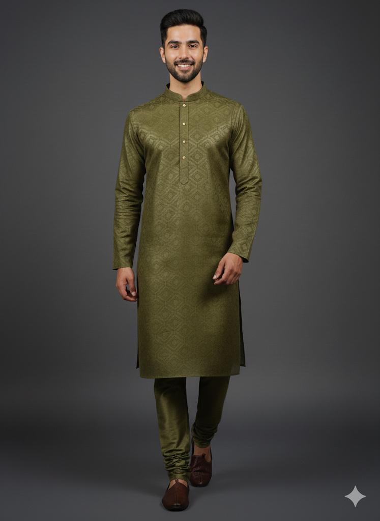Olive Green Jacquard Pattern Kurta Set