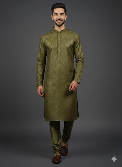 Olive Green Jacquard Pattern Kurta Set