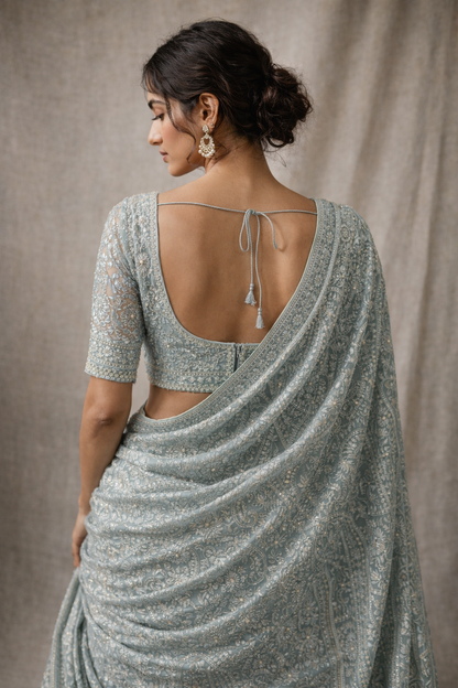 Powder Blue Hand-Embroidered Saree