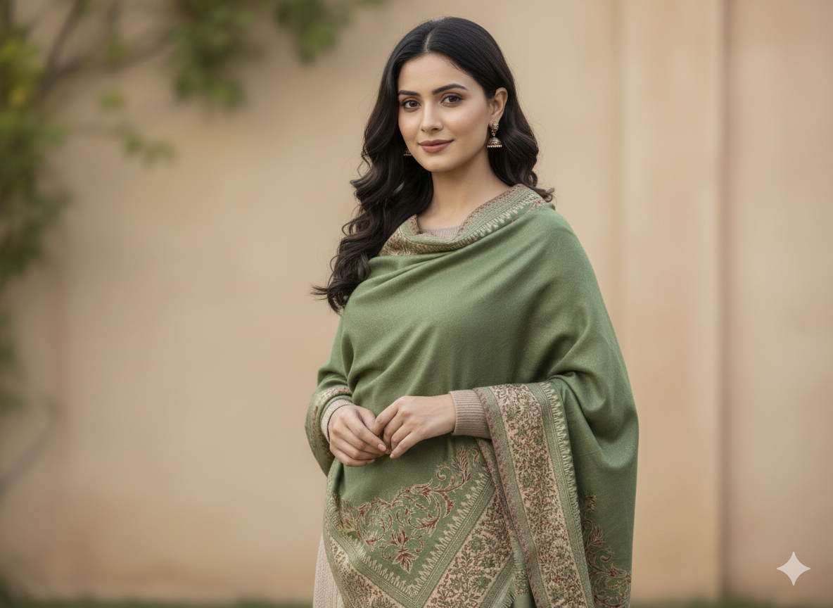 Olive Green Kashmiri-Style Woolen Shawl with Intricate Border
