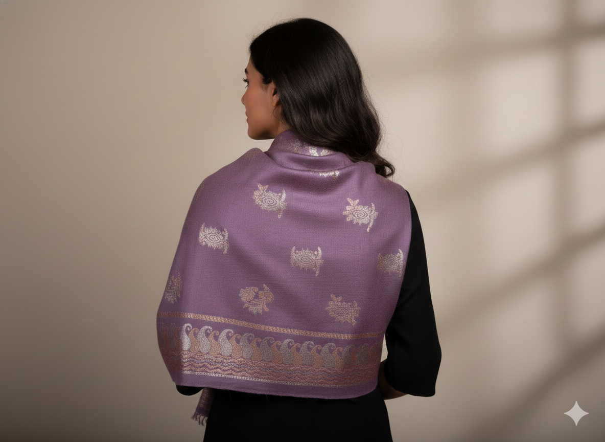 Lavender Kashmiri-Style Woolen Shawl with Gold Woven Motifs