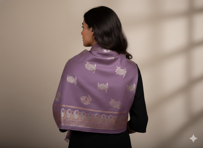 Lavender Kashmiri-Style Woolen Shawl with Gold Woven Motifs