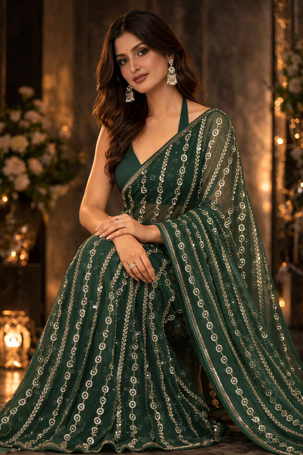 Emerald Sequin Net Saree