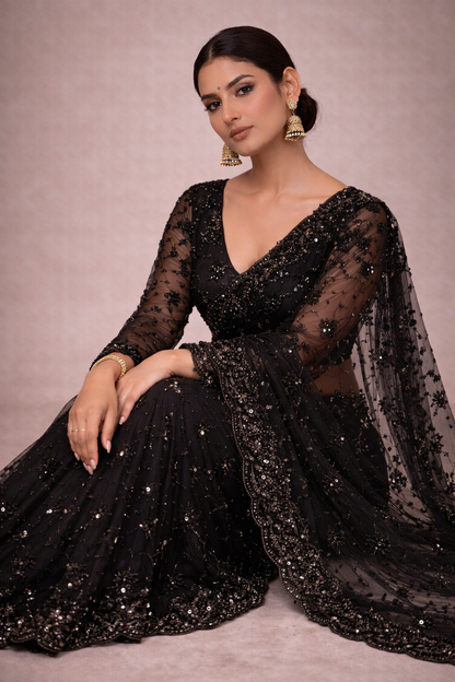 Midnight Black Sequin Designer Net Saree
