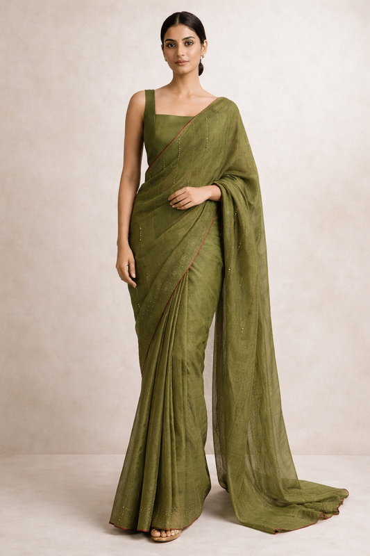 Olive Green Hand-Embellished Saree