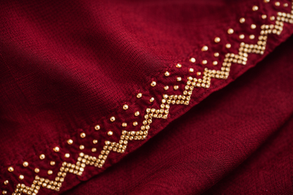 Wine Red Satin Saree with Gold Embellished Border