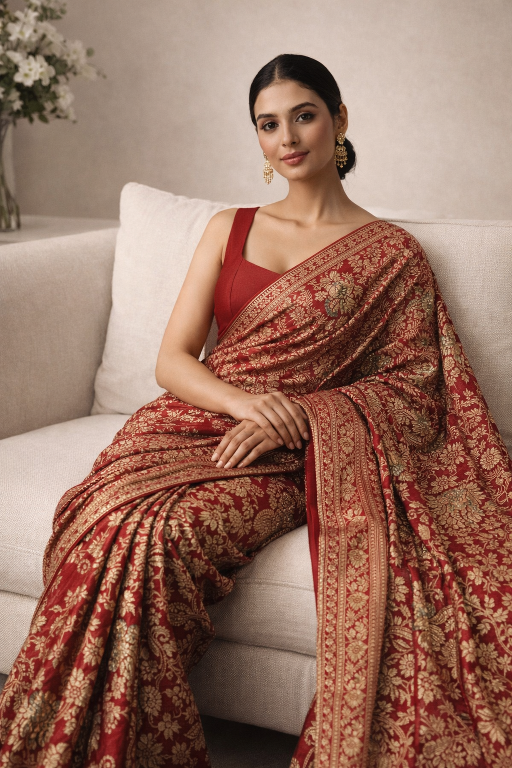 Classic Red Floral Brocade Saree