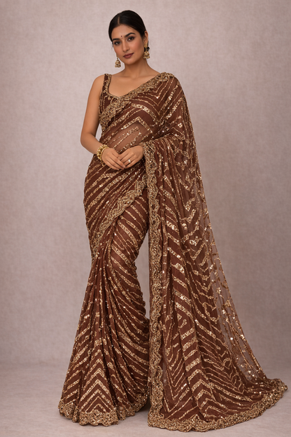 Chocolate Brown Sequin Designer Net Saree