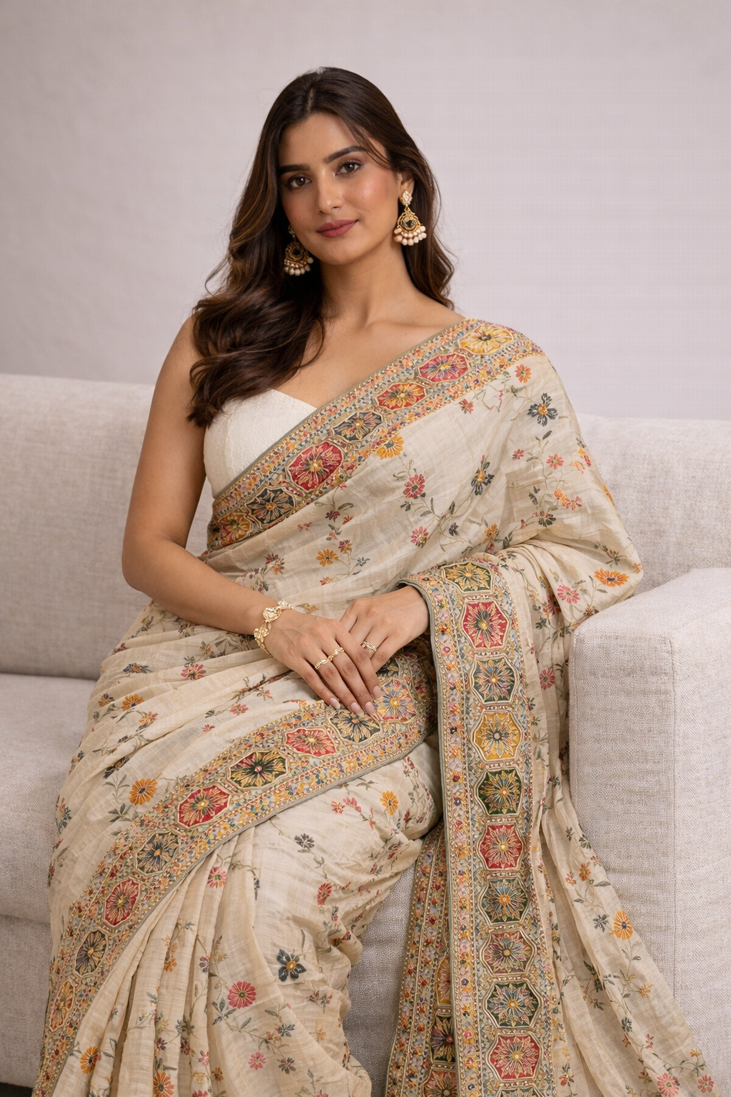 Ivory Floral Embroidered Saree