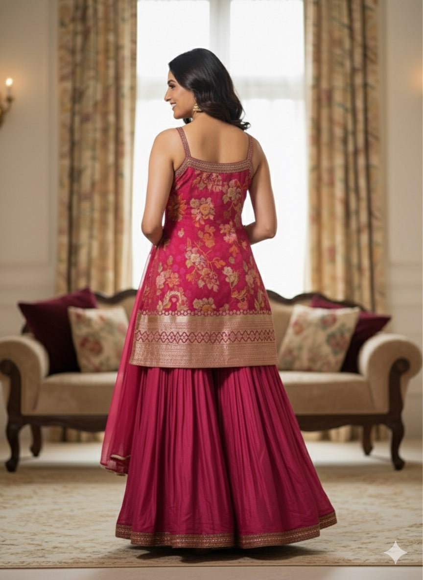 Pink Brocade Kurti &amp; Flared Sharara Set