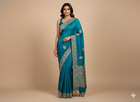 Teal Blue Silk Saree with Antique Gold Zari Work
