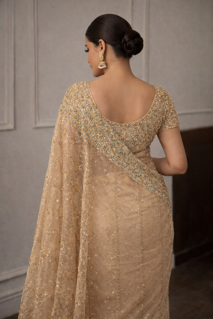 Champagne Sequin Embellished Net Saree